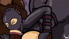 Jouer Une maman hentai aux gros seins déguisée se fait pilonner durement dans un gangbang de bite noire sauvage